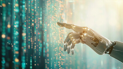 Robot hand reaching towards human double exposure with binary code symbolizing AI human integration Blending of two worlds