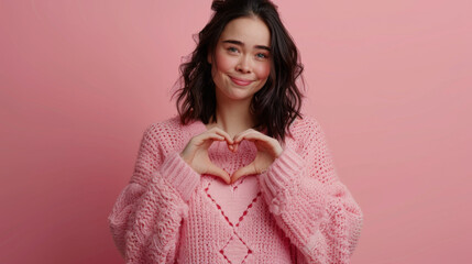 Wall Mural - young woman with dark hair wearing a pink sweater, making a heart shape with her hands in front of her chest against a plain pink background.