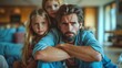 Concerned Father with Children, poignant portrait of a worried father embracing his two young daughters, his face reflecting deep concern and care