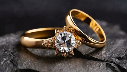 Beautiful gold two rings with a large diamond isolated on dark background, close up view 