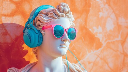 White greek statue wearing blue modern glamour sunglasses and blue headphones over plain terracotta background.