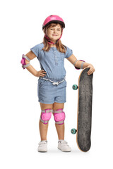 Poster - Girl with a skateboard, elbow and knee pads and helmet smiling at camera