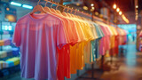 Fototapeta Przestrzenne - Row of multi colored t-shirts in the clothing store, generative ai