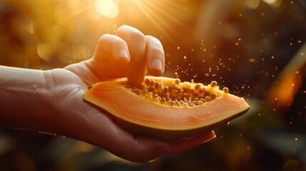 Wall Mural - finger plucking ripe flesh from half papaya