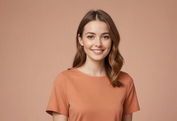 Wall Mural - A friendly woman in an orange t-shirt smiles at the camera. Her approachable demeanor is warm and inviting.