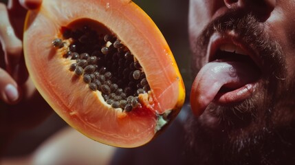 Wall Mural -  a tongue  licking a half cut papaya juicy 