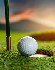  close up golf ball on grass near hole