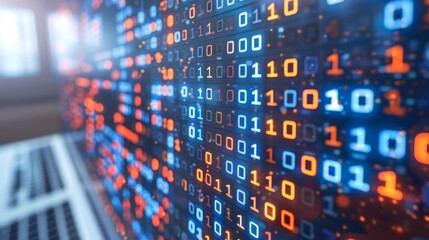 pixelated digital data stream, binary code encryption concept, glowing red and blue dots
