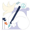 Political action. Peaceful conflict resolution. Hand signs a peace agreement,