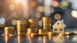 Real Estate Investment and Financial Growth Concept. A conceptual image of a miniature house alongside rising stacks of coins against blurred city backdrop, illustrating real estate investment growth.