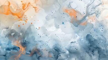 Wall Mural - Abstract watercolor paint background illustration - Gray blue and orange color splashes, with liquid fluid marbled swirl waves texture banner texture