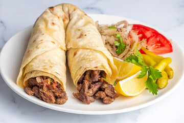 Wall Mural - Delicious turkish kebab tantuni. Mersin tantuni durum.