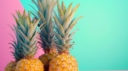  Pineapples close up on a colorful pink and green background, copy space for text.