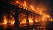 fire burning from a bridge over the water, in the style of whiplash line