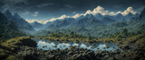 Fototapeta Niebo - Mountain beautiful landscape. Dense impenetrable forests in a blue haze. Mountain mirror lake. Clouds over a mountain range. Panoramic landscape background.