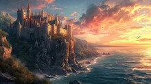 A Medieval Castle On A Cliff Overlooking The Ocean, With Knights And Dragons. Medieval Castle, Cliffside Setting, Ocean View, Knights, Dragons, Epic Fantasy. Resplendent.