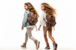  schoolgerl full height girls  with a backpack walking  on white background . . School, Travel