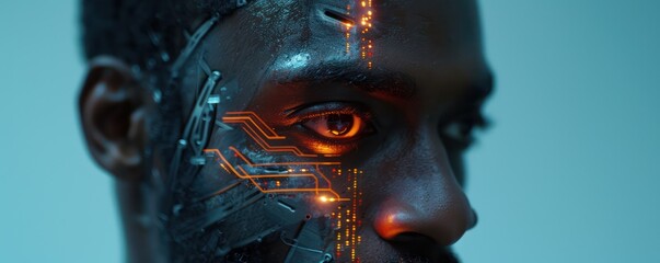 Wall Mural - A futuristic man's face, half human, half artificial intelligence, with circuits glowing softly beneath his skin