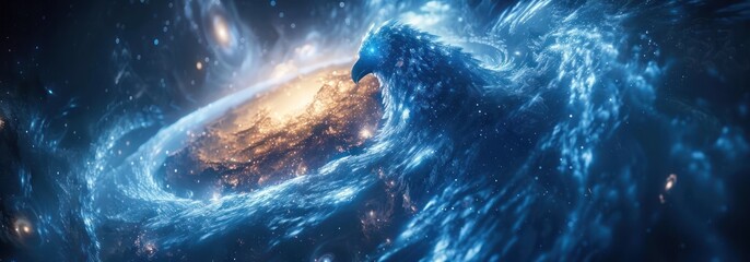 A mesmerizing medium shot of a celestial, blue Phoenix surrounded by swirling galaxies in the vastness of outer space, depicted with a cosmic, abstract technique