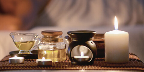 Wall Mural - Aroma massage concept. Lady relaxing in spa, panorama