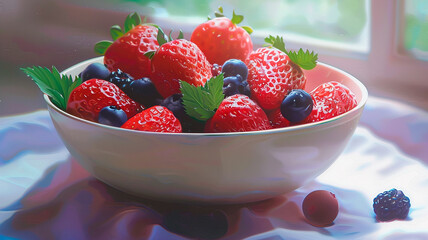 Wall Mural - strawberries and blueberries in a blue bowl