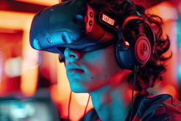 Close up A pro eSports player dons a VR headset fully immersed in a virtual competition showcasing cutting edge gaming tech