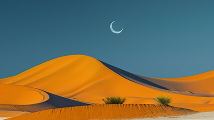The orange sand dunes of the Sahara Desert in Merzouga, Morocco, stretch endlessly under the serene crescent moon. This breathtaking scene captures the vastness and beauty of the desert landscape