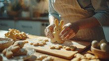 Woman Cooking Delicious Easter Cookie Bunny In The Kitchen