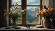 A window ledge holds empty framed , flowers, feathers, rocks, stones, and a butterfly