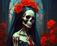 A Skeleton With A Hood And Lots Of Roses In The Background.