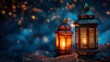 Decorative lantern on a blue background. Atmospheric light. A universal image for the holidays. Generative AI