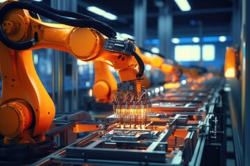 Fototapete - Robotic arm for electronic assembly line. Smart modern factory automation using advanced machines.