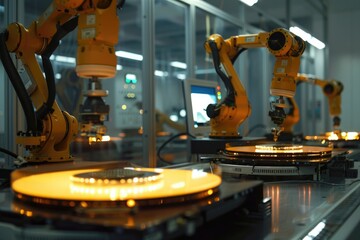 Poster - Robotic manufacturing of semiconductors and computer chips from silicon wafers. Modern technology concept