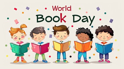 Illustration of diverse children reading books with World Book Day text above.