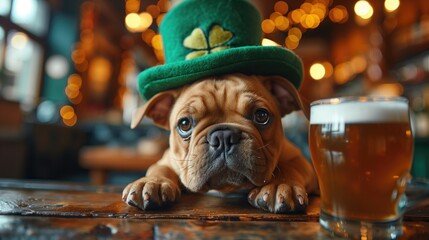 Wall Mural - French bulldog in a green leprechaun hat and a glass of beer in a pub.