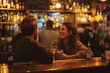 © Nuth - A happy young woman and man share a warm, engaging conversation over drinks at a cozy bar with ambient lighting.
