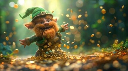 Wall Mural - happy Leprechaun spilling gold coins. Dynamic illustration of Saint Patrick's Day and wealth concept