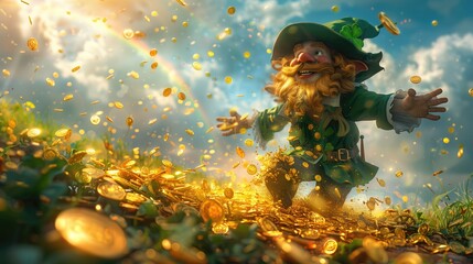 happy Leprechaun spilling gold coins. Dynamic illustration of Saint Patrick's Day and wealth concept