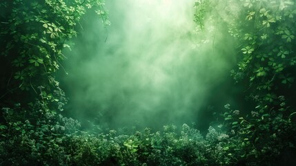 Canvas Print - Dark forest with green leaves and fog, nature background. St. Patrick's Day, copy space for text