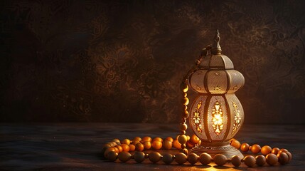 Wall Mural - A dark background features Islamic rosary beads on a golden Ramadan candle. An important Islamic holiday is Ramadan. Islamic holiday greeting card image.