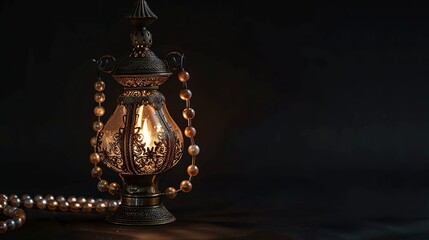 Wall Mural - A black background features Islamic rosary beads set in a metallic Ramadan lamp.