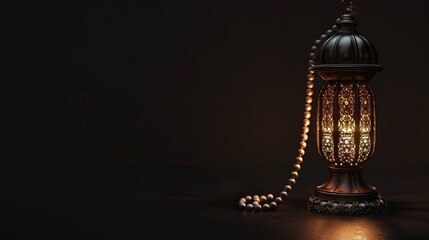 Wall Mural - A black background features Islamic rosary beads set in a metallic Ramadan lamp.