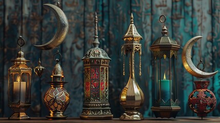 Wall Mural - Islamic lantern fanoos and a metallic crescent moon are part of the 3D religious element collection. Ideal for decorating during Eid al Adha or Ramadan.