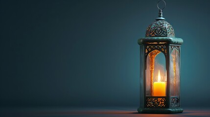 Wall Mural - Beautiful Arabic lantern with golden bokeh lights and a burning candle that glows at night.