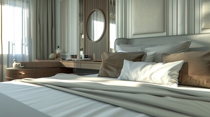 a sleek gray fabric bed adorned with two white pillows and contrasting brown pillows against white walls, with a small table positioned behind the bed with a circular mirror.