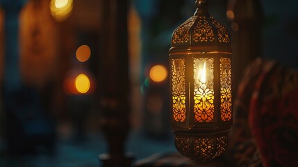 Wall Mural - Beautiful Arabic lantern with golden bokeh lights and a burning candle that glows at night.