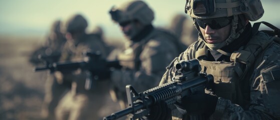 Wall Mural - A group of soldiers with weapons on a mission. Close-up of one of the soldiers from the group