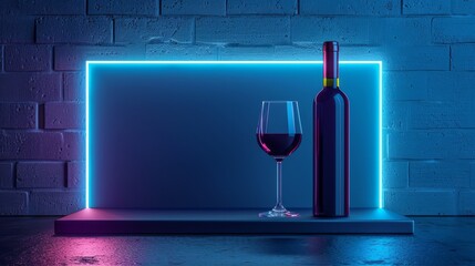 Wall Mural - An aesthetic promotional photo of wine in neon light. A bottle of wine with a glass