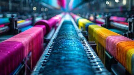 Long rows of vibrant, colorful threads on spools in a textile factory, showcasing industrial fabric production.