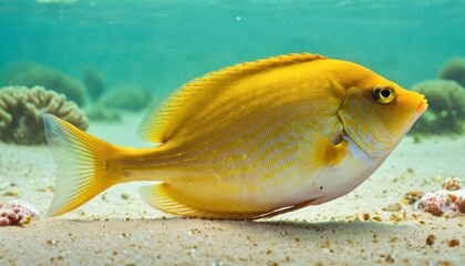 a close up of a yellow fish on a sandy sea bottom with corals and seaweed in the background.